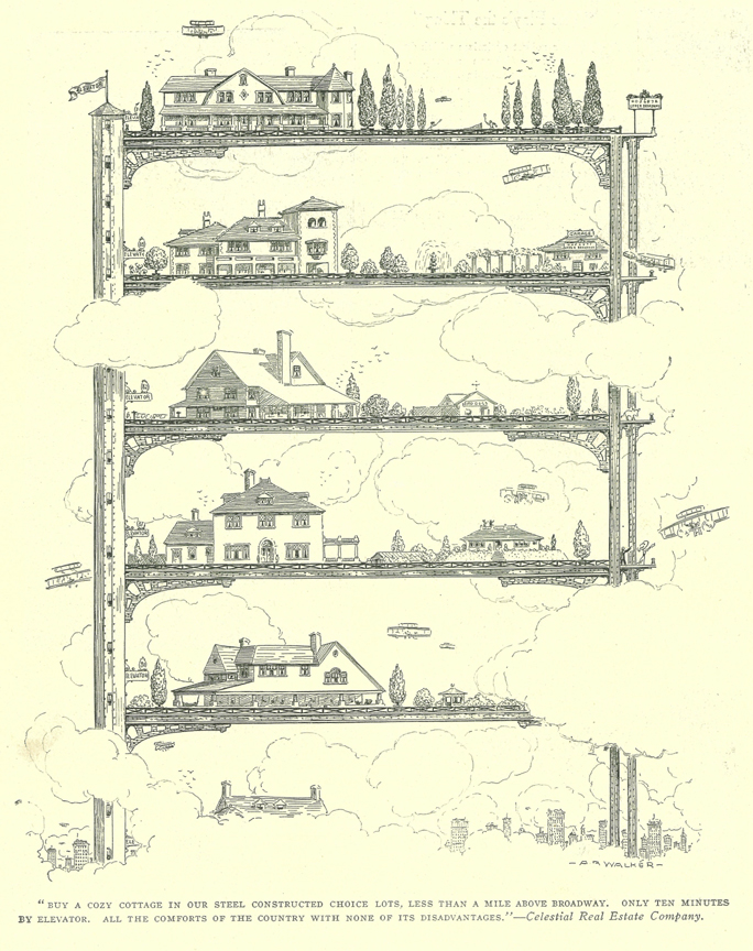 "BUY A COZY COTTAGE IN OUR STEEL CONSTRUCTED CHOICE LOTS, LESS THAN A MILE ABOVE BROADWAY.
ONLY TEN MINUTES BY ELEVATOR.
ALL THE COMFORTS OF THE COUNTRY WITH NONE OF ITS DISADVANTAGES." – Celestial Real Estate Company. – From Life Magazine 1909