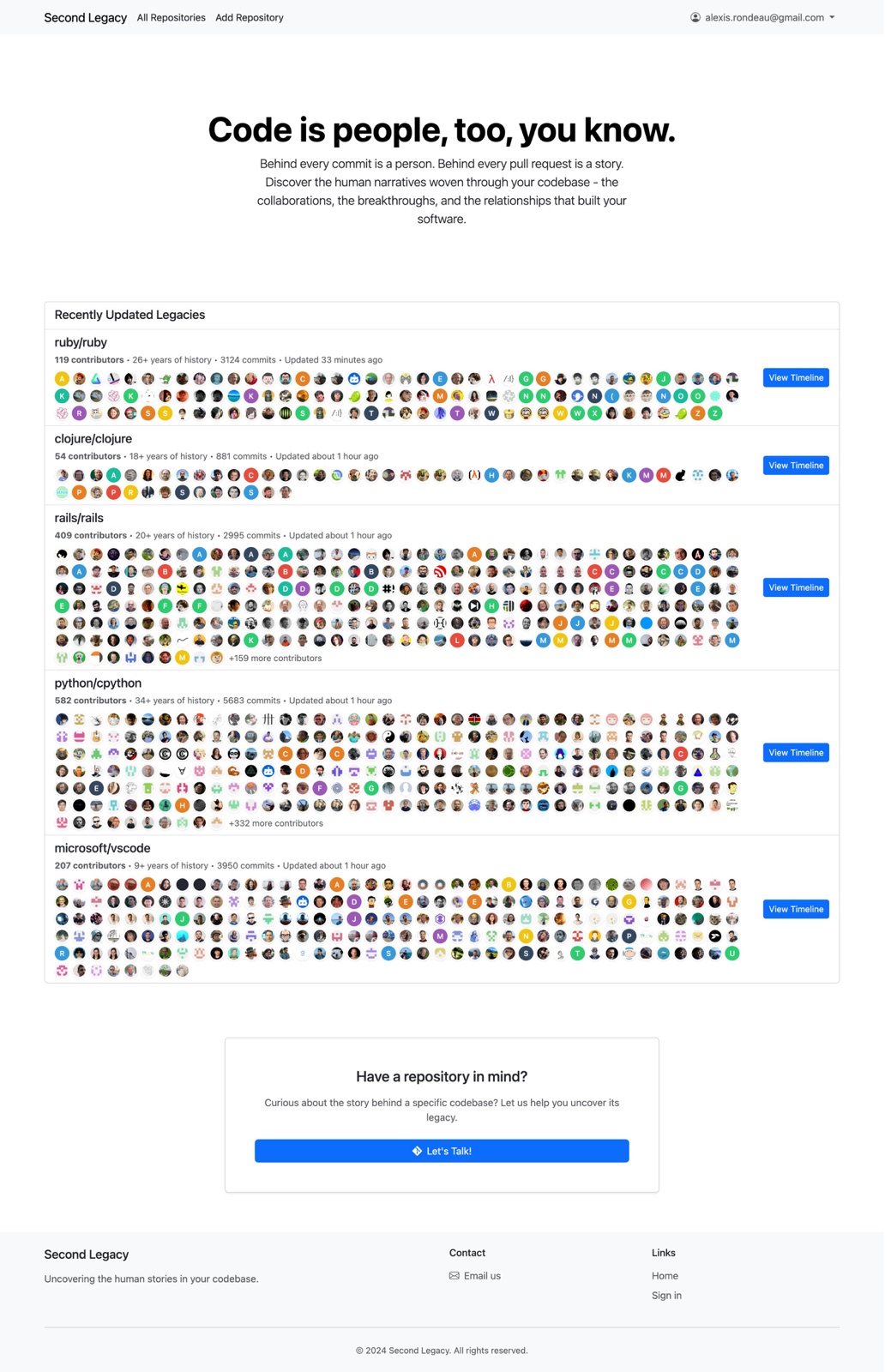 "Code is people, too, you know" Behind every commit is a person. Behind every pull request is a story. Discover the human narratives woven through your codebase - the collaborations, the breakthroughs, and the relationships that built your software.